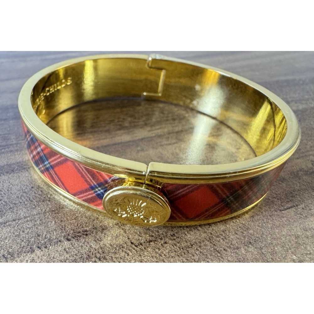 MacKenzie-Childs Red Stewart Tartan Plaid Gold Tone Hinged Bangle Bracelet
